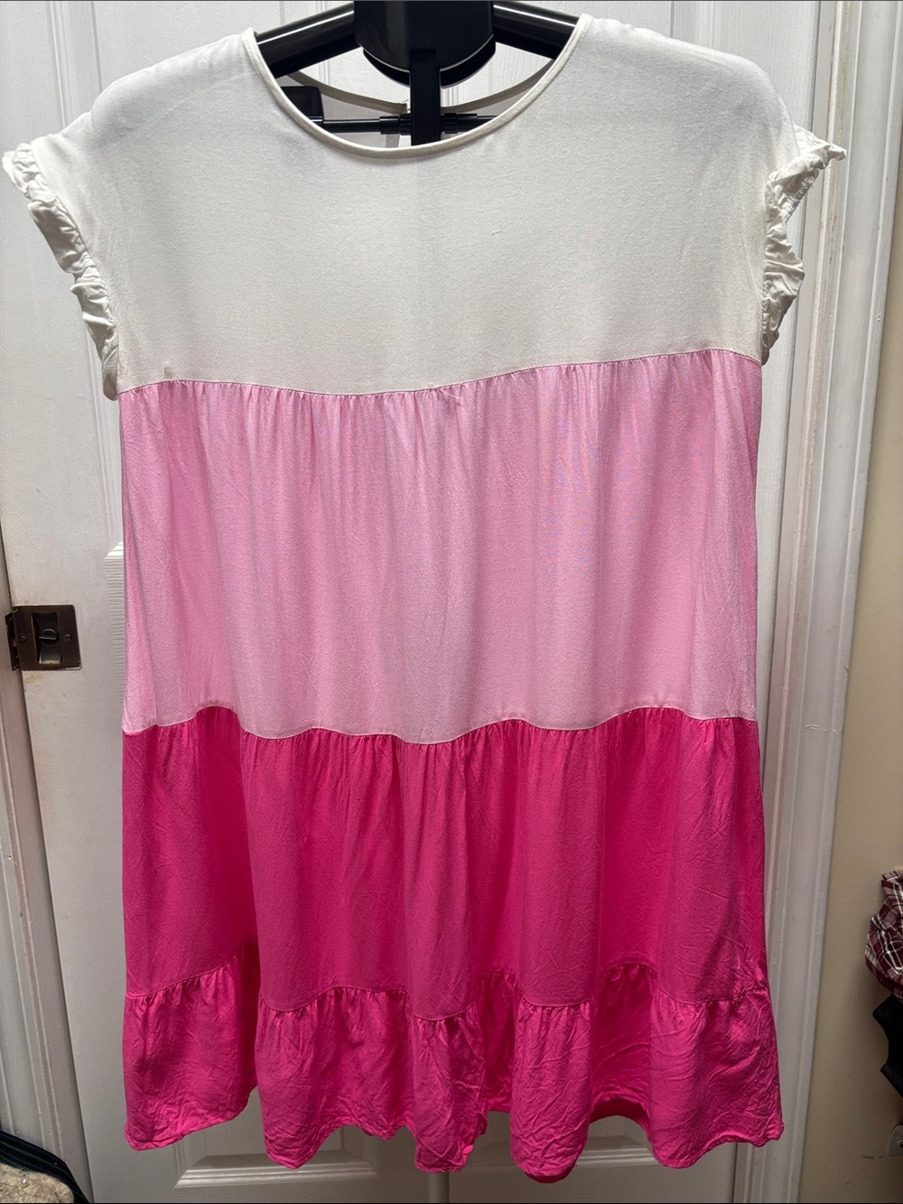 Three-Tier Pink & White Colorblock Swing Dress Ruffle Sleeve Small